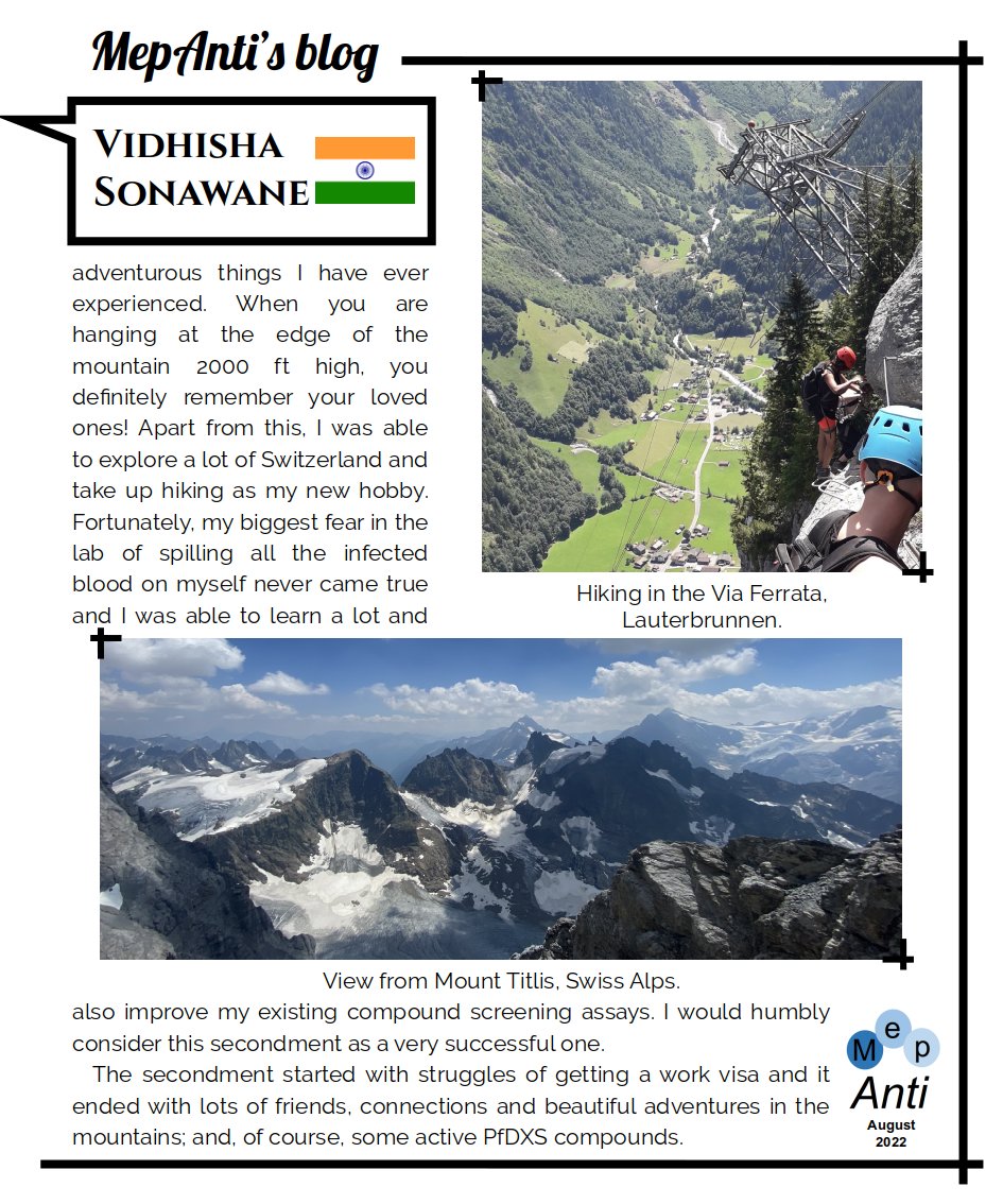 In August, our doctoral student Vidhisha Sonawane, from India, tells us about her time at the Swiss Tropical and Public Health Institute, Switzerland.
#MepAntiBlog #Secondment #Basel #SwissTPH #Plasmodium #Pf #Parasite #DXS #TargetValidation #Hiking #Adventure #MepAnti_ITN