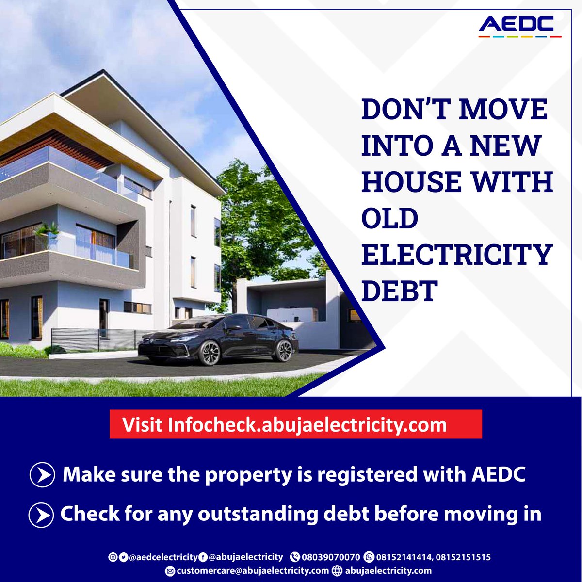 aedcelectricity's tweet photo. Visit https://t.co/Q32SIAwg7d to get information concerning your electricity account.
#AEDC #Abujadisco #Infocheck #electricitystatus https://t.co/s4E4ffMzh3
