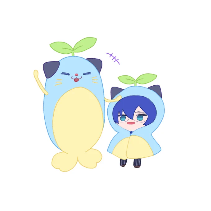 まめねこポンチョをまとうぱぺと嬉しそうなまめねこ 