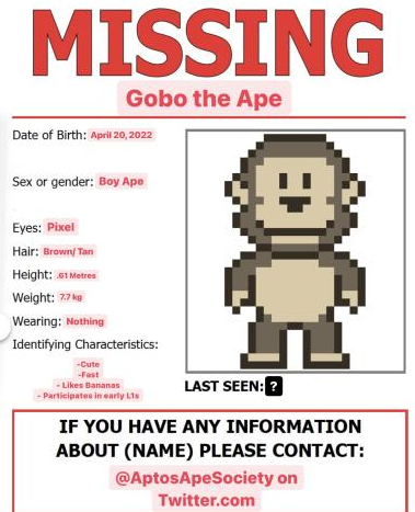 MagicharCrypto's tweet photo. Aptos mainnet isnt even live and Gobo the Ape is already missing.

Could you help me find my NFT pet?

@AptosApeSociety https://t.co/iIwO9KHpje