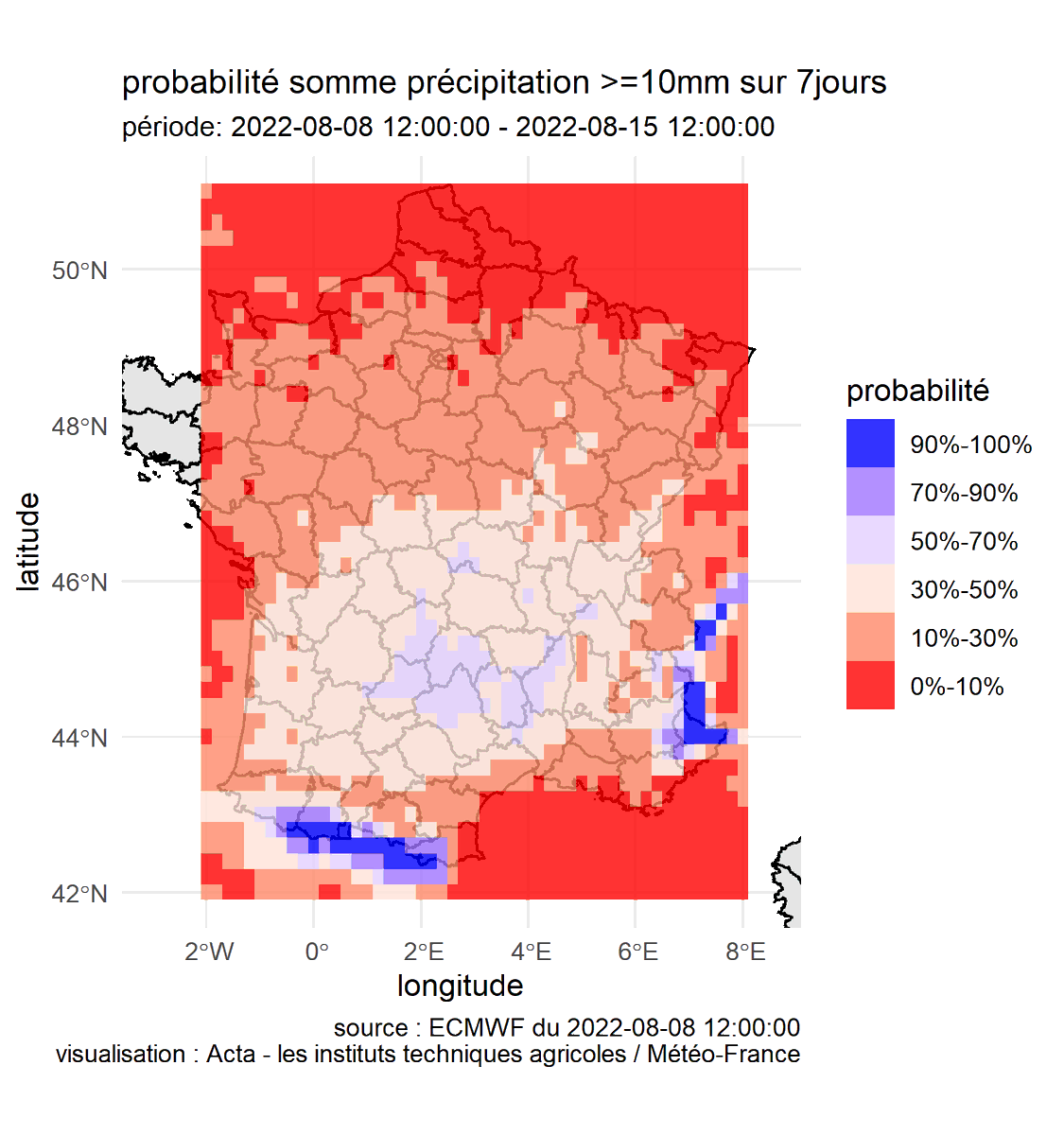 D’ici le 15 août, la probabilité d’avoir des cumuls de pluie supérieurs à 10 mm reste très faible sur une large partie du territoire notamment dans la partie nord.
Analyse complète aux autres échéances et seuils : numerique.acta.asso.fr/prevision-prob…