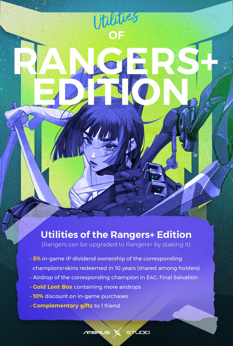 AmbrusStudio's tweet photo. Rangers, check out the utilities of the Rangers+ Edition!
Upgrade your Rangers by staking it.

Join DC now to win WL spots: https://t.co/bWIbbK1H1Q

#NFTs #e4c https://t.co/s2P49bgFeu