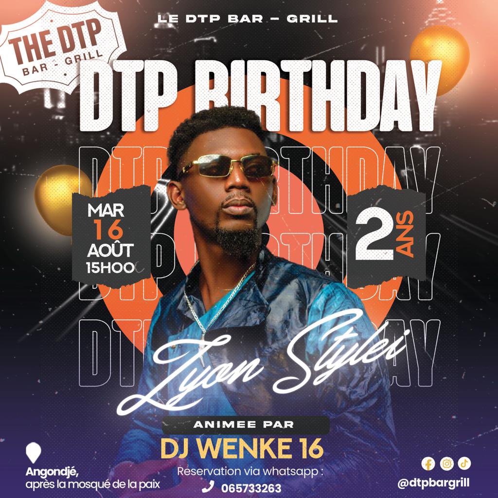 Hello les enfants de la lumière, on se donne RDV, ce mardi 16 août 2022 à partir de 15h, pour le deuxième anniversaire du The DTP BAR GRILL. Ça va Toukouniendza 💚💛💙

Info et Réservations :
(uniquement sur WhatsApp) : 065733263
Angondjé après la mosquée de la paix.

#ZyonStylei