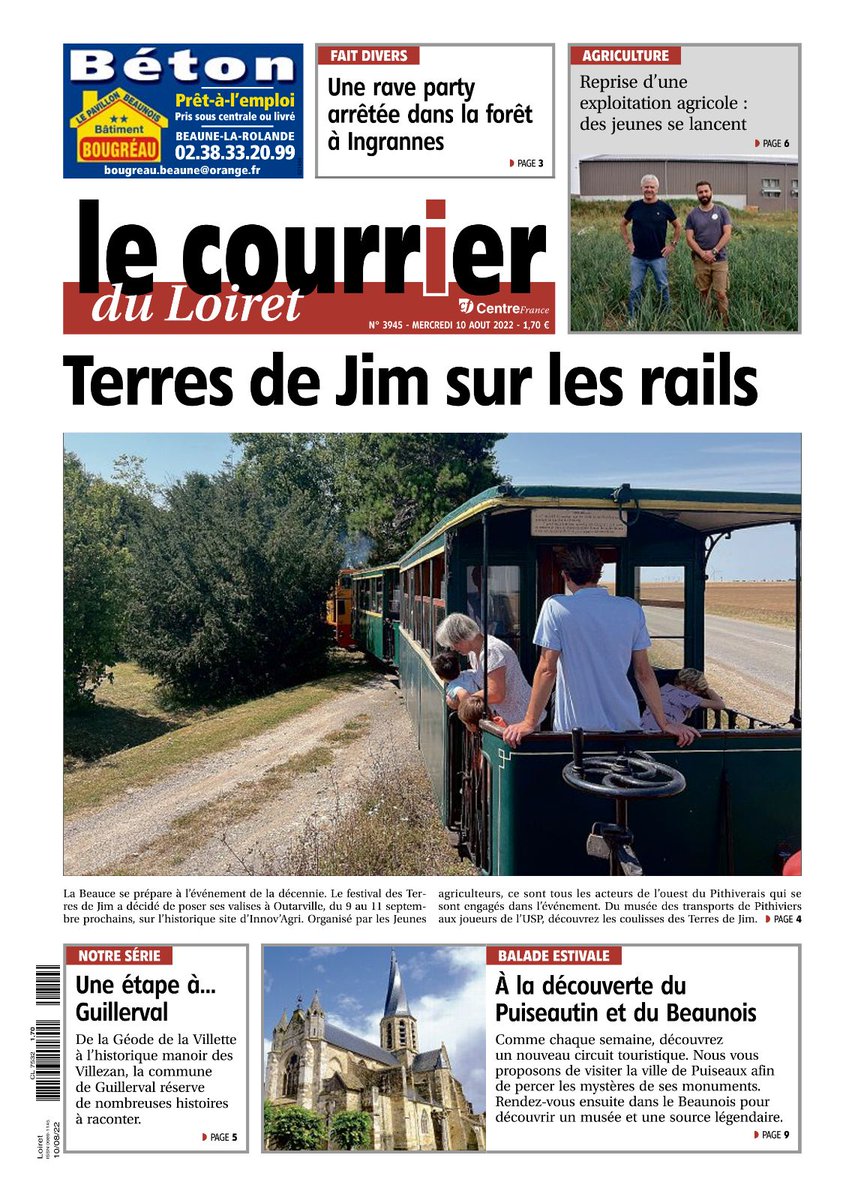 🔴À la Une cette semaine du #Courrier du Loiret : 

La Beauce se prépare à recevoir, du 9 au 11 septembre, la fête agricole nationale #TerresdeJim ! <a href="/JimBataille/">Jim Bataille</a> <a href="/JAoutarvilleN/">jeunes agriculteurs Outarville-Neuville</a> <a href="/JeunesAgri/">Jeunes Agriculteurs</a> 

Découvrez ce qui vous attend dans l'édition de la semaine du Courrier du Loiret ! 🗞