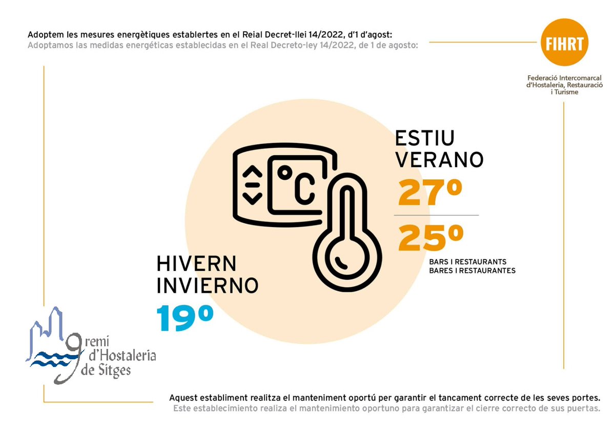 Recorda, des d'avui:

🥶Aire a 25 º
📖Informa els clients
🚪Tanca portes
✅ Revisió tècnica d'equips

Mes info 👉 gremihs.com/sitges/tempera…

<a href="/gerenciafihr/">FIHRT</a> <a href="/TurismeDeSitges/">Turisme de Sitges</a> <a href="/TurismeDIBA/">TurismeDIBA</a> 
<a href="/VisitSitges/">VisitSitges</a> <a href="/lecodesitges/">L’Eco de Sitges</a> <a href="/radiomaricel/">Ràdio Maricel de Sitges</a> <a href="/Sitgesactiu/">Sitges Actiu</a> <a href="/ACNpenedes/">ACNpenedes</a> <a href="/FegpComunicacio/">FEGP</a> <a href="/eixdiari/">Eix Diari</a>