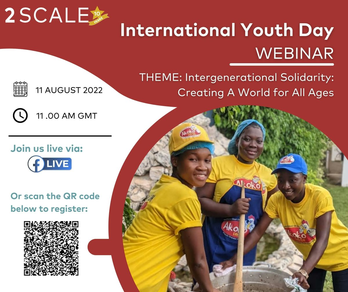 Tomorrow, August 11, <a href="/SCALE_2/">2SCALE</a> is hosting a webinar to celebrate #InternationalYouthDay. This event will highlight 2SCALE’s efforts toward promoting "Intergenerational Solidarity: Creating a World for All Ages."

Register via the link below!

bit.ly/2SCALEYouthDay…

#2SCALEat10