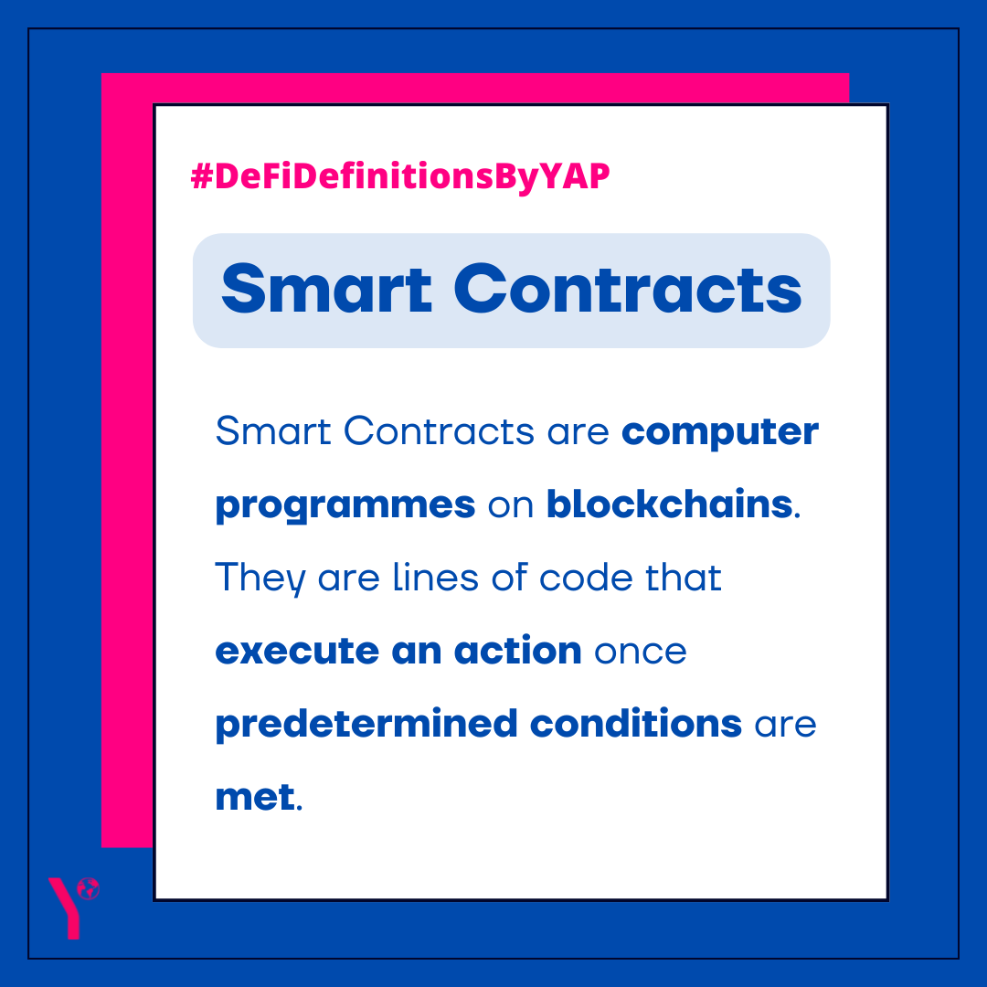 YAPGlobalTeam's tweet photo. GM! Today we're bringing you #DeFiDefinitionsByYAP ๐
What are smart contracts?
This week's definition is written by @radio_leila for the 30th edition of our weekly newsletter, The Context ๐
Read the full newsletter here:
https://t.co/XJr3hOKySD https://t.co/1V61tAxVJP