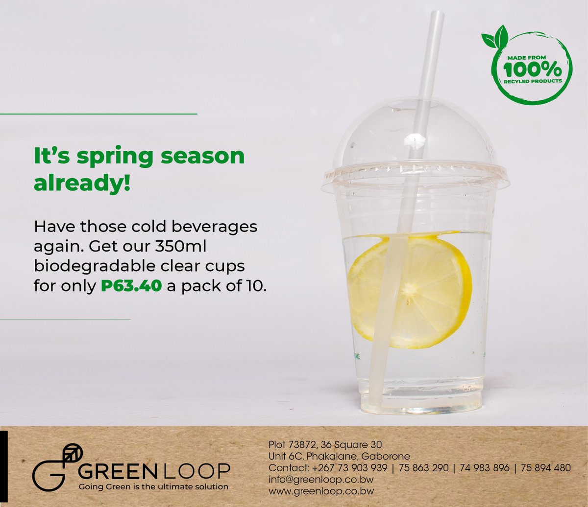 GreenLoopBW's tweet photo. Have your beverages in our quality biodegradable clear cups. Get yours today for only P63.40 a pack of 10.
#goinggreen #greenloopbw #intheloop #ecopackaging https://t.co/KKTP3LZwVw