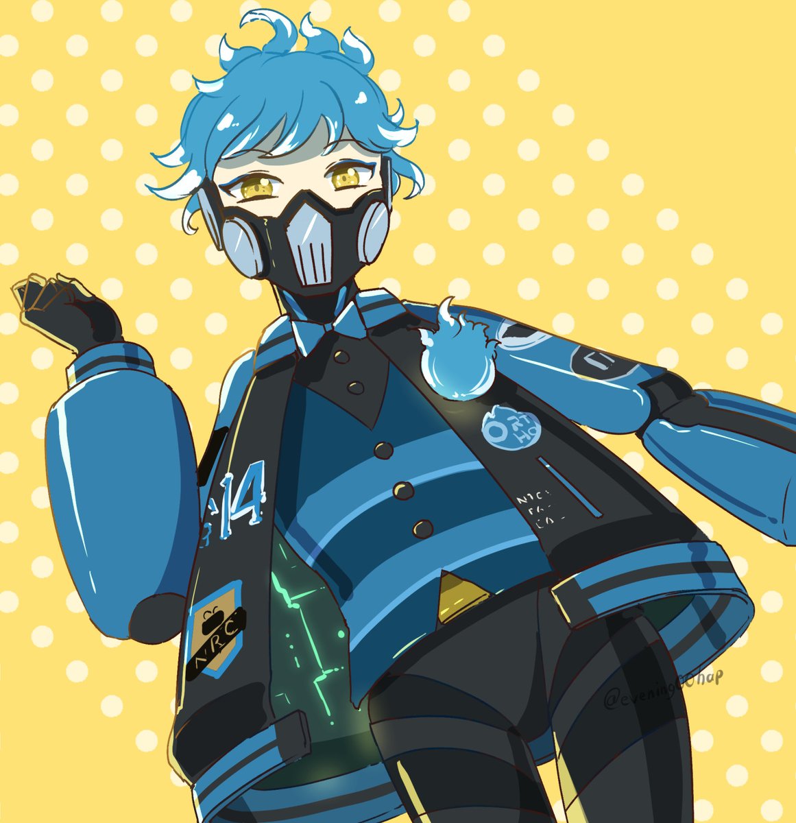 respirator 1boy male focus jacket fiery hair yellow eyes blue hair  illustration images