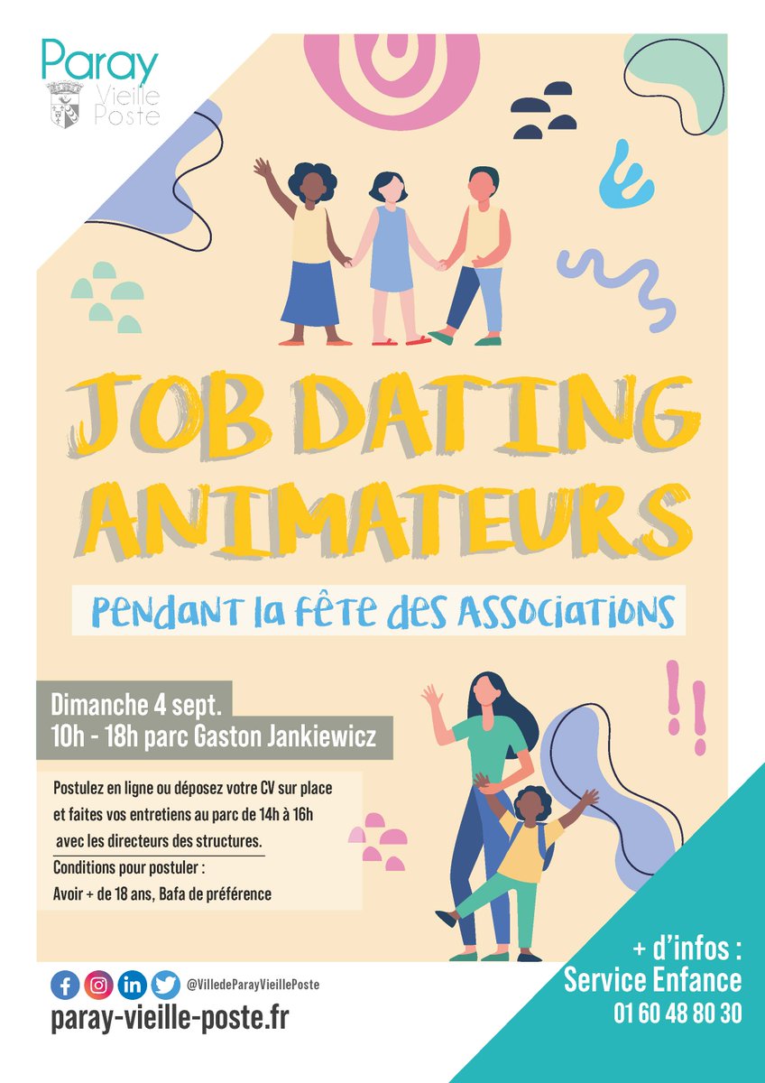 Rejoignez les équipes de la Mairie de Paray-Vieille-Poste en devenant animateur  !

Un job dating animateurs se tiendra à la Fête des associations le Dimanche 4 septembre, de 10h à 18h au parc Gaston Jankiewicz.

+ d'infos : bit.ly/3dhKAXd