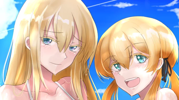 総勢33名の作家による艦娘水着合同誌「SUMMER OCEAN」kenさん()にビスマルク&amp;オイゲンを描いて頂きました!海ではしゃぐオイゲンとビスマルク、身長差とサイズの違いも注目ですが水で塗れた肌の質感も是非拝見してください! 
