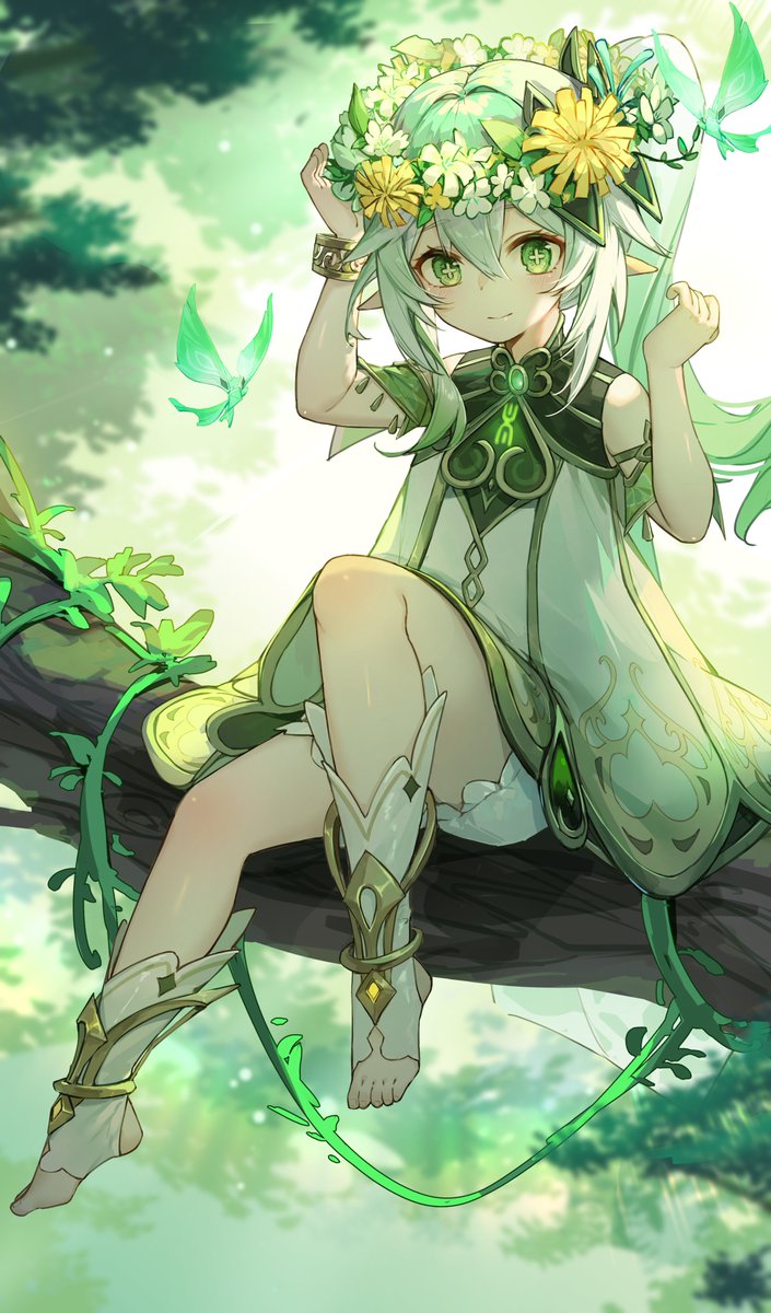 nahida (genshin impact) 1girl green eyes pointy ears dress solo hair ornament white dress  illustration images