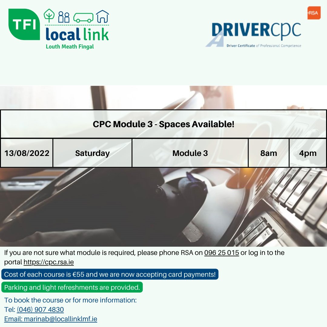 Locallinklmf's tweet image. 📣 Spaces still available for this Saturday❗

Why not book in for Module 3 this Saturday and beat the September deadline?

To book the course or for more details:
Phone: (046) 907 4830
Email: marinab@locallinklmf.ie
#TFIUpdates #DriverCPCTraining #DriverCPCIreland