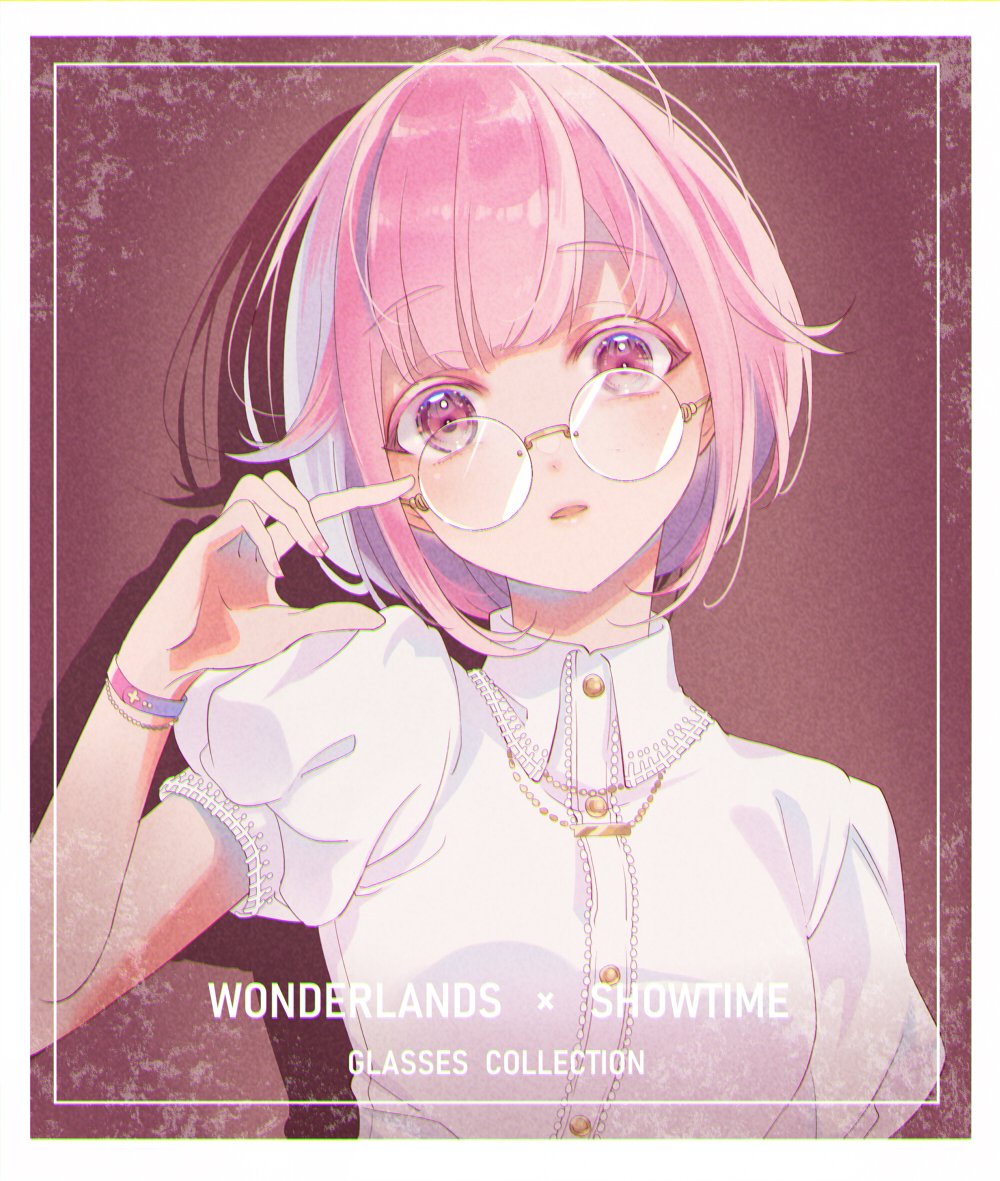 1girl solo glasses pink hair short sleeves jewelry bangs  illustration images