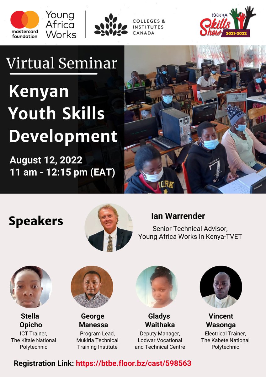 The Kenya Skills Show presents:
'KENYA YOUTH SKILLS DEVELOPMENT'
Hosted by <a href="/CICan_Kenya/">CICan In Kenya</a> 
Date: 12th August, 2022  
Time: 11:00am
Where: btbe.floor.bz/cast/598563

<a href="/tvetinkenya/">Permanent Working Group on TVET in Kenya</a> <a href="/TVETAKenya/">TVET Authority Kenya</a>  <a href="/MonariPeterJ/">Monari, Peter Joseph Ph.D</a> <a href="/capyeikenya/">CAPYEI</a> <a href="/talantadigital/">Talanta Institute</a> <a href="/careercollege11/">College of Career Guidance</a> <a href="/ymcakenya1/">YMCA Kenya</a>