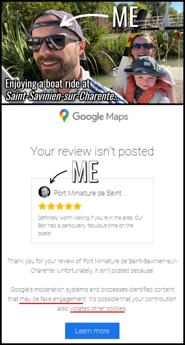 richmcveigh's tweet photo. @googlemaps My family and I had a lovely time in France last week and we used Maps a lot. When I leave a review for ANY place we visited on our trip are my reviews being removed for "Fake Engagement"?! Your automated systems are clearly really accurate🤣 https://t.co/kurmTp6yB4