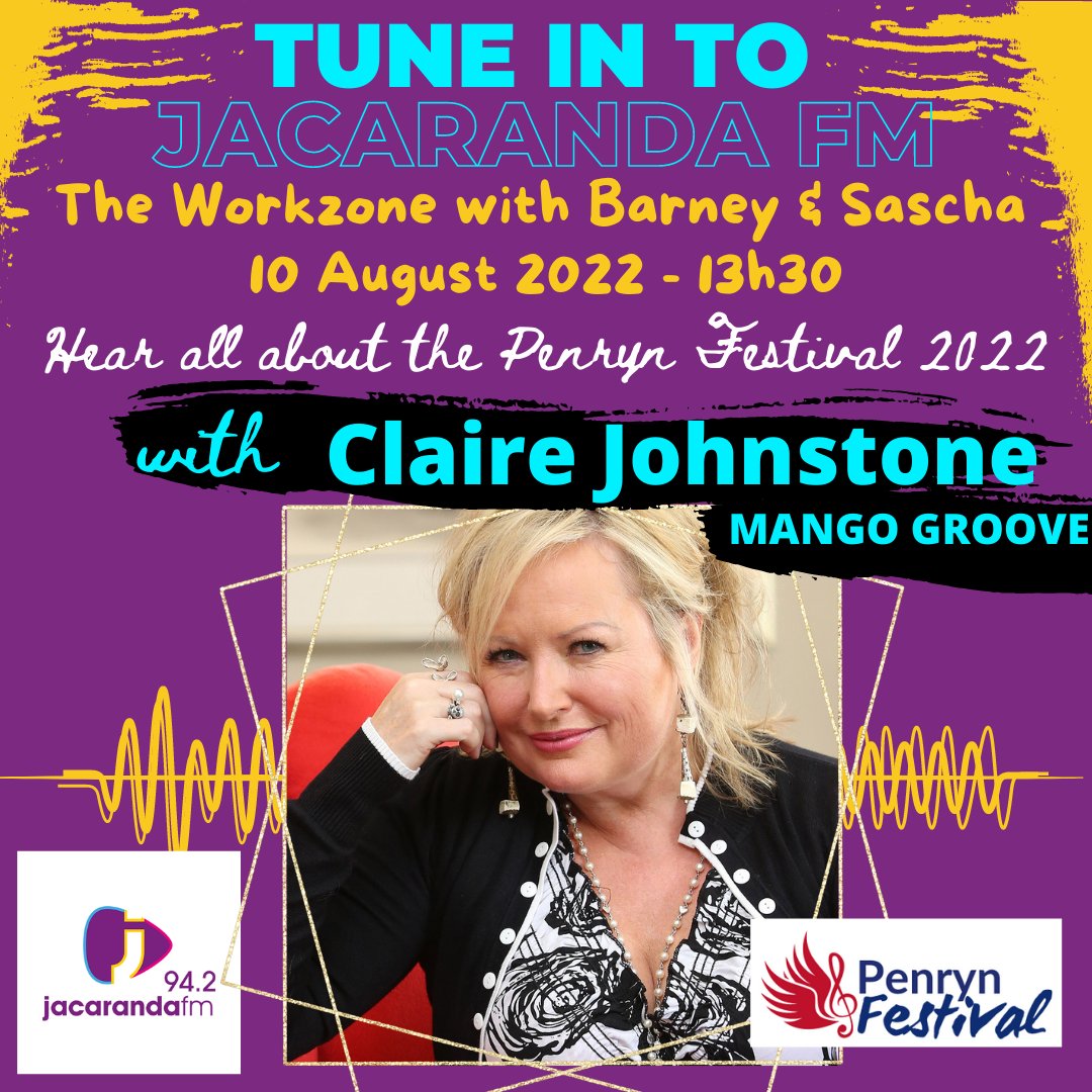 Tune in to "The Workzone" with Barney and Sascha on Jacaranda 94.2 at 13h30, and hear all about our Penryn Festival with the fabulous Claire Johnstone from Mango Groove! 

#penrynfestival2022 #penrynprep #jacarandafm 

@mangogrooveofficial 
<a href="/jacarandafm/">Jacaranda FM</a>