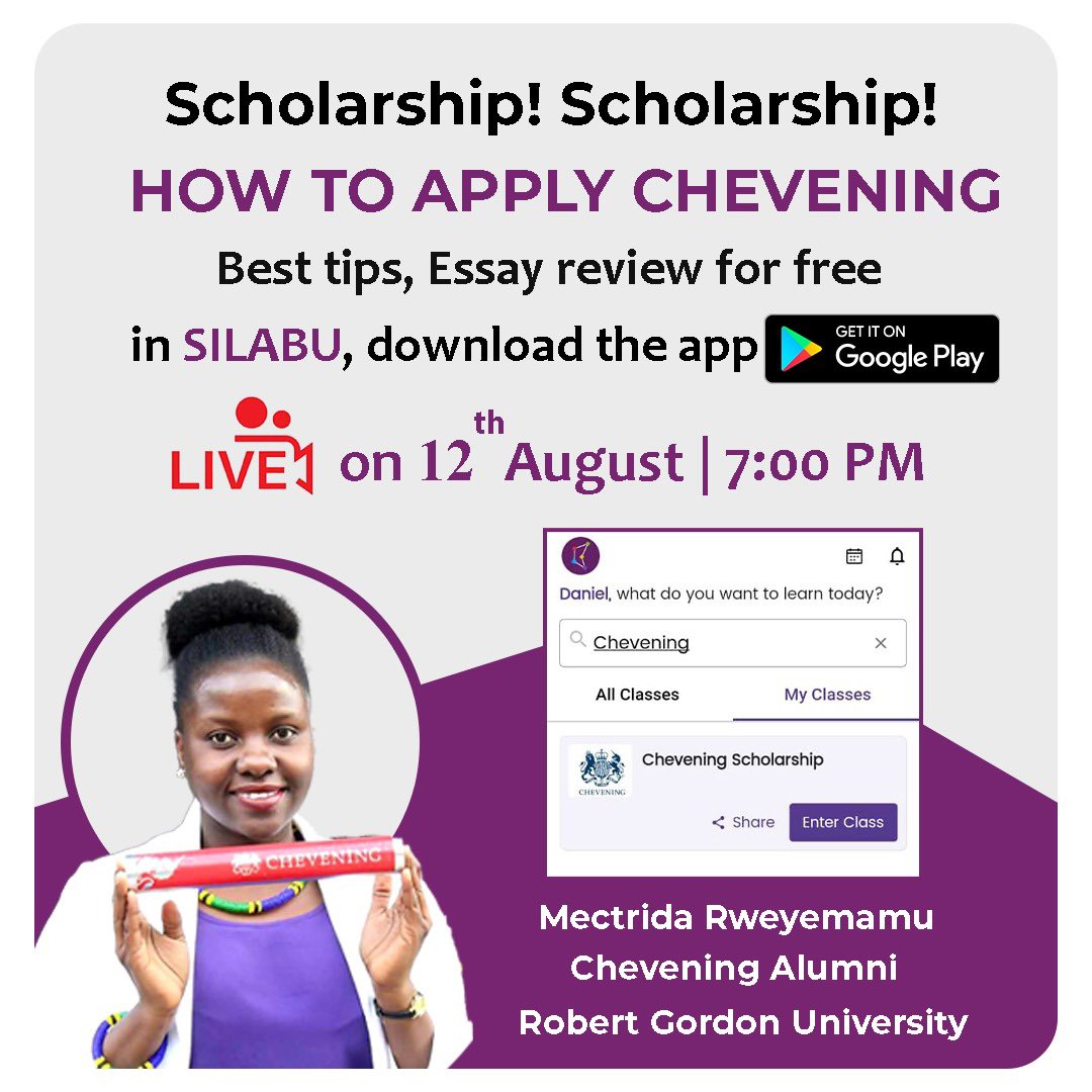 silabuapp's tweet photo. Do you want to be guided on how to apply Chevening Scholarship?

Chevening is a fully funded Scholarship to study in UK 🇬🇧

Let meet in SILABU, Chevening Scholarship Class. Download the App on Playstore 👉 https://t.co/CVe8ErrKZF…

Then do this:- https://t.co/OtjzS4EXyO