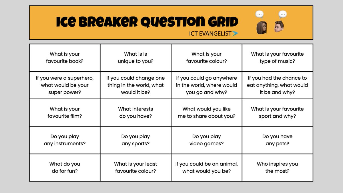 ICTEvangelist's tweet image. If you&apos;d rather grab a photo of the resource, you can find it here 😀

Here&apos;s the link again for you: bit.ly/IceBreakerQues…