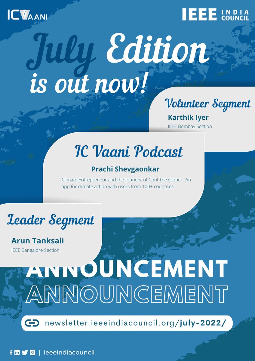 IEEE_IC's tweet photo. 📢 𝐀𝐧𝐧𝐨𝐮𝐧𝐜𝐢𝐧𝐠 𝐈𝐄𝐄𝐄 𝐈𝐂 𝐕𝐚𝐚𝐧𝐢 𝐉𝐮𝐥𝐲 𝟐𝟎𝟐𝟐 📢

IEEE India Council Vaani is excited to announce the release of its 𝟕𝐭𝐡 𝐈𝐬𝐬𝐮𝐞 𝐨𝐟 𝟐𝟎𝟐𝟐 along with new featured reports, awardees, leaders, volunteers across Council. https://t.co/ZMdFr9DEPO
#IEEEIC https://t.co/dbhbySxwOG