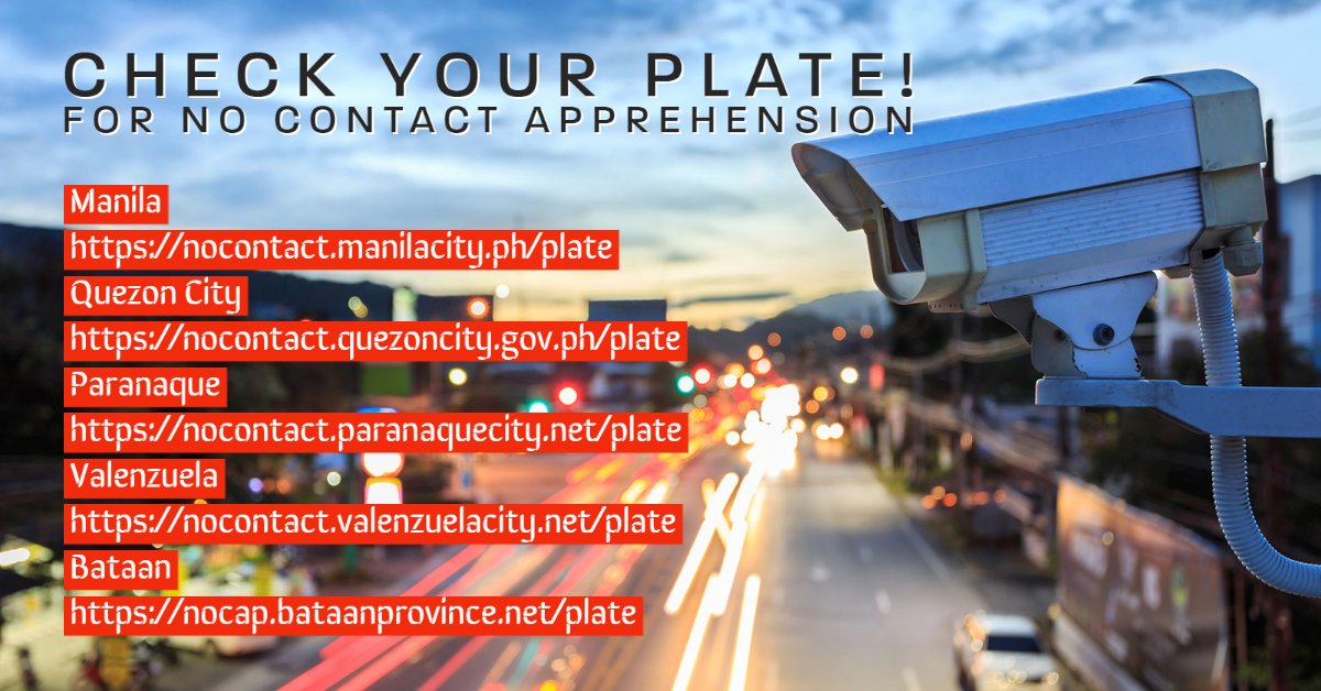 FeedsPinoy's tweet photo. Check your Plate Number for No Contact Apprehension Record https://t.co/Vnx6j54YEI 

Manila
https://t.co/bzvhftT3OY
Quezon City
https://t.co/ErOJm5c3wN
Paranaque
https://t.co/kESINcP8RB
Valenzuela
https://t.co/CFyKJSdbNw
Bataan
https://t.co/Jp1dx4cfdN https://t.co/9O9nu7p07n
