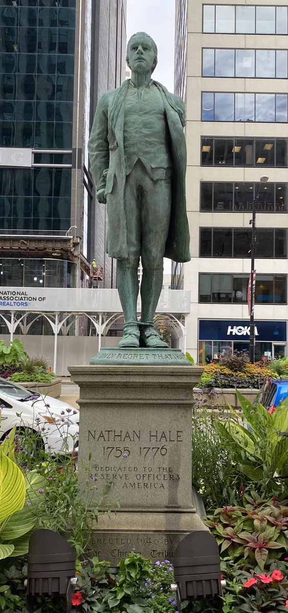 BlairKamin's tweet photo. Nathan Hale used to occupy the center of the Tribune Tower courtyard that bore his name. But, as I discovered yesterday, his statue now stands on the sidewalk, looking into the courtyard. It’s not a happy prospect, given the shiny thing that’s been inserted in the space. https://t.co/9n7ws2FwQD