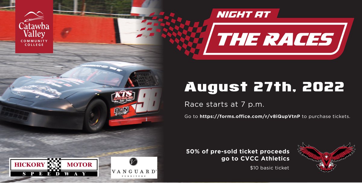 Catawba Valley Community College (@catawbavalleycc) on Twitter photo CVCC will host a Night at the Races at <a href="/hickoryspeedway/">Hickory Motor Speedway</a> on 8/27! Tix are $10 & a portion of proceeds will go to the Hawks Heroes program, providing support for CVCC Athletics.
To purchase tickets to the CVCC Night at the Races, please visit: forms.office.com/r/v8iQupVtnP. CVCC will host a Night at the Races at <a href="/hickoryspeedway/">Hickory Motor Speedway</a> on 8/27! Tix are $10 & a portion of proceeds will go to the Hawks Heroes program, providing support for CVCC Athletics.
To purchase tickets to the CVCC Night at the Races, please visit: forms.office.com/r/v8iQupVtnP.