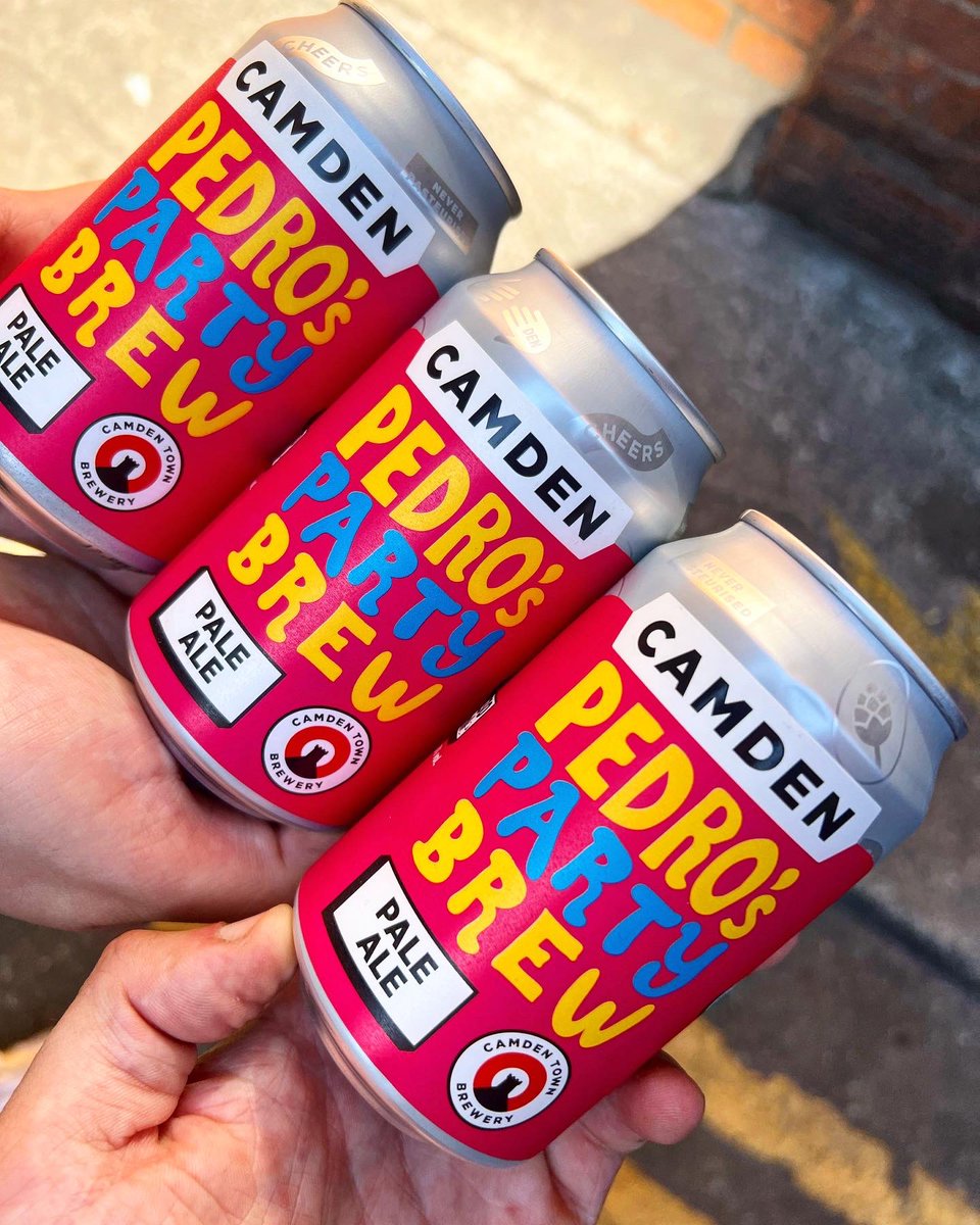 PEDRO'S PARTY BREW IS HERE. Our collab with @CamdenBrewery is available from TOMORROW AT 5PM. FIRST 25 PEOPLE TO GRAB A SLICE AT 5PM THURSDAY GET A FREE ONE ON US. It's a Lager/Pale Mash Up Brewed With A Pale Malt & Citrusy Hops. IT'S A BEAUTY AND IT'S HERE FROM TOMORROW.