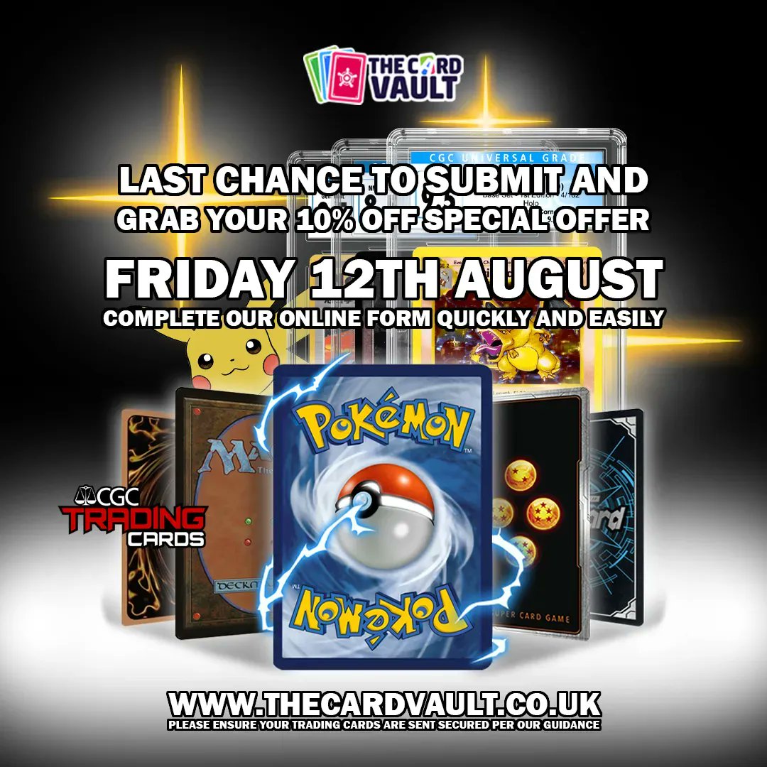 TheCardVaultUK's tweet photo. Last chance to get your submissions in this Friday!
Drop us a message if you have any questions, we’re more than happy to help! ☺️
#Pokemon #MagictheGathering #Yugioh #Digimon #WeissSchwartz #Metazoo #TCG #TradingCards #TradingCardGame #Grading #CGC #CGCTradingCards #Slabs https://t.co/Ht0VRZZFNi