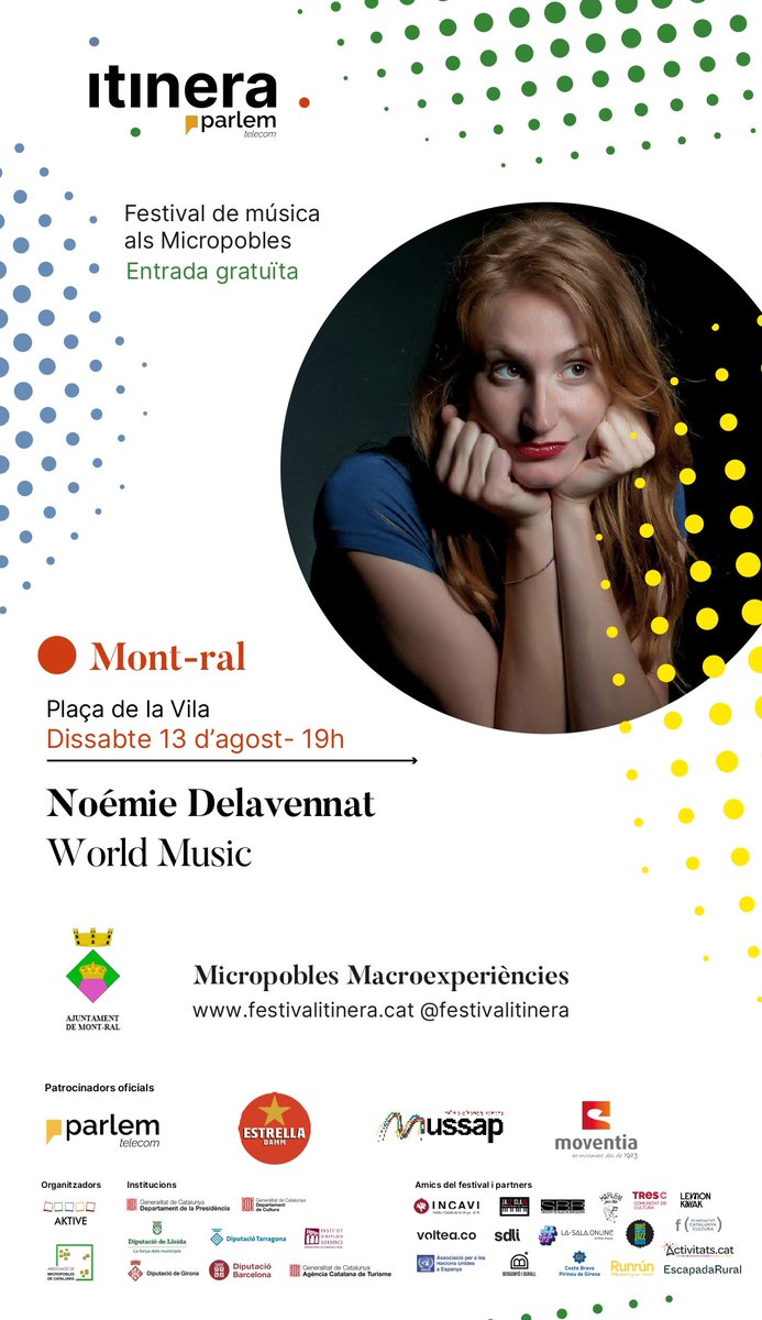 mont_ral's tweet photo. CONCERT
NOÉMIE DELAVENNAT
WORLD MUSIC
🕓Dissabte 13 d'agost - 19:00h
📍Pl. de la Vila MONT-RAL
🎟️gratuït 
#festivalitinera #micropobles  #catalunyacultura  #poblesdecatalunya https://t.co/LXkiVH9QVV