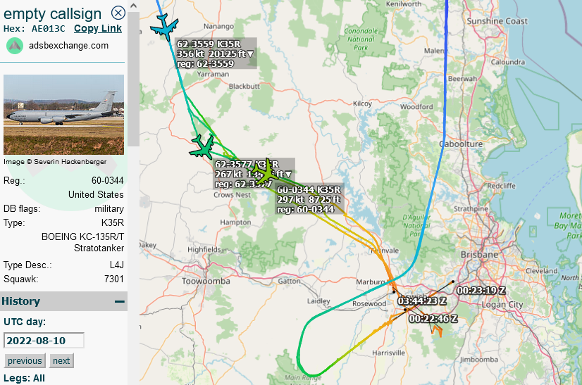 SirListenalot's tweet photo. Today #KC135's #AE0488 #AE013C #ADFF0D as #PEARL85-87 did a round trip out of Amberley (~0020z - 0340z), #KC10 #AE020C and KC135s #AE038C, #AE04E8 as #DEED11-13 a round trip out of Honolulu (~0930z - 1230z). All on a #B2 mission. DEED11 was connected to a "DIMPL flight" https://t.co/ZLgfnO2rTQ