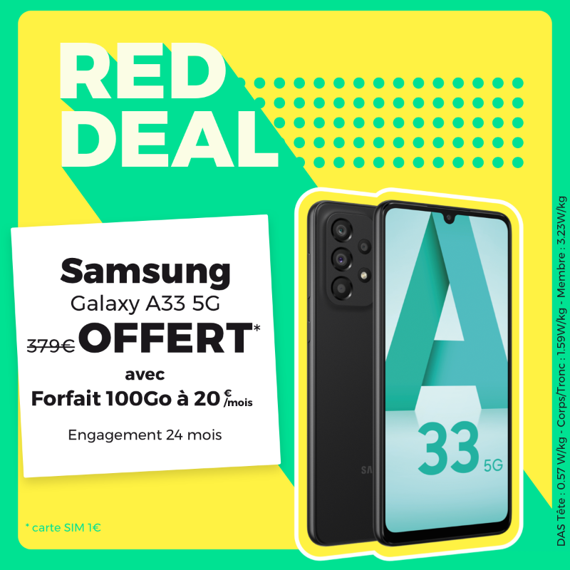 REDbySFR's tweet photo. [#REDDEAL] Alerte bon plan à tous les Samsung lovers. 💚

Le Samsung Galaxy A33 5G est OFFERT* avec un Forfait RED 100Go à 20€/ mois !

👉 L'option 5G est à 5€/ mois chez RED.
*Dans la limite des stocks disponible