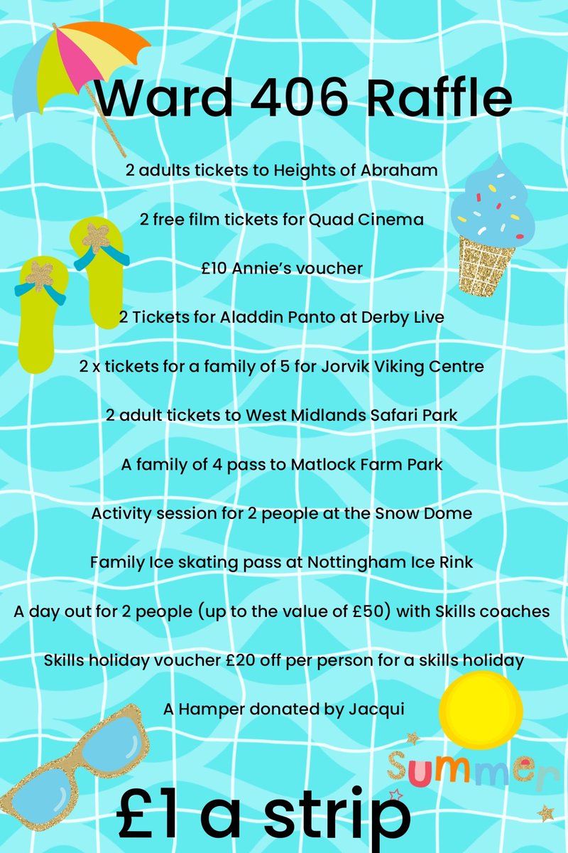 amymarshall3583's tweet photo. ONLY 6 DAYS LEFT TO GET TICKETS. £1 A STRIP. COME AND SEE US AT ROYAL DERBY HOSPITAL WARD 406 FOR A CHANCE TO WIN THESE AMAZING PRIZES.

YOU HAVE GOT TO BE IN IT, TO WIN IT

@JordenGerring @AjGidda @uhdb @SueRoberts31 @Wendywhiting10 @JonjoHeneghan @charlottekawal1 @JYMoreland https://t.co/IHVvIuZhon