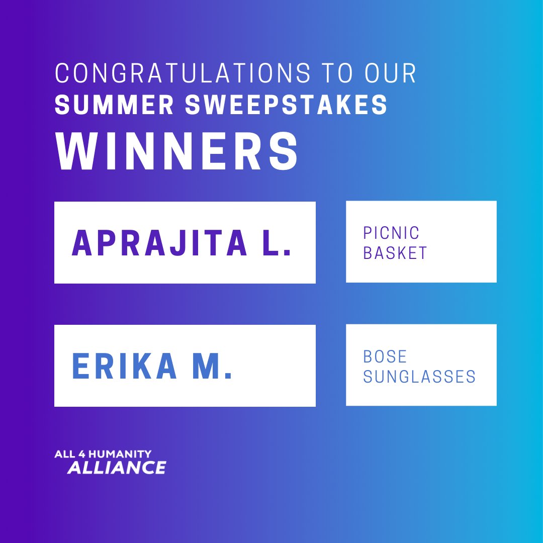 a4halliance's tweet photo. Congratulations to our Summer Sweepstakes WINNERS! 💙 https://t.co/L40s7YoNRJ