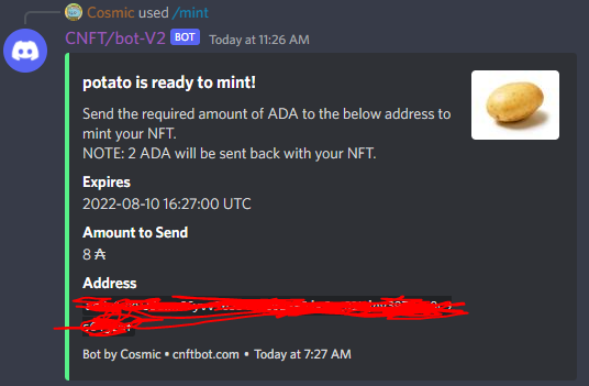 This stock potato was minted through Discord with a single command. 

The policy ID is unique to the Discord user and never locks. Any NFT minted by that user will be under this policy ID. 

Coming in v2.