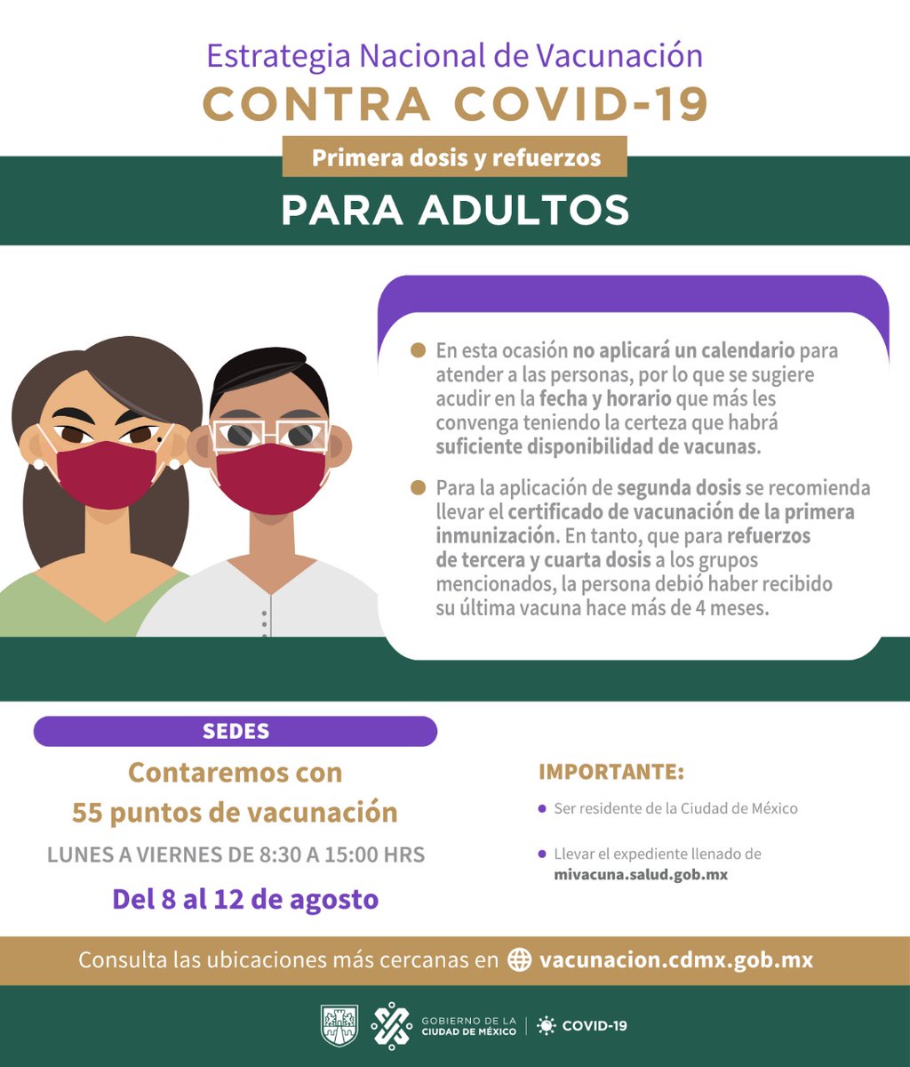 GobCDMX's tweet photo. ¡Es tiempo de que completes tu esquema de vacunación contra #COVID19! 💉
Si tienes más de 18 años y aún te falta alguna dosis de la vacuna, tienes hasta este viernes para acudir de 8:30 a 15:00 Hrs. a cualquiera de los 55 puntos de vacunación habilitados: https://t.co/RgAI3HbzMj. https://t.co/gtyOMA0ur0