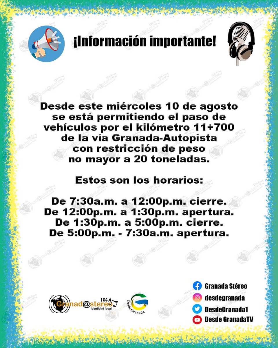 DesdeGranada1's tweet photo. #GranadaAntioquia #Vías #Movilidad #Transporte #Importante

¡Atención!
En los siguientes horarios estará habilitado el paso de vehículos en el punto crítico de El Matadero. https://t.co/7O848C0VgN