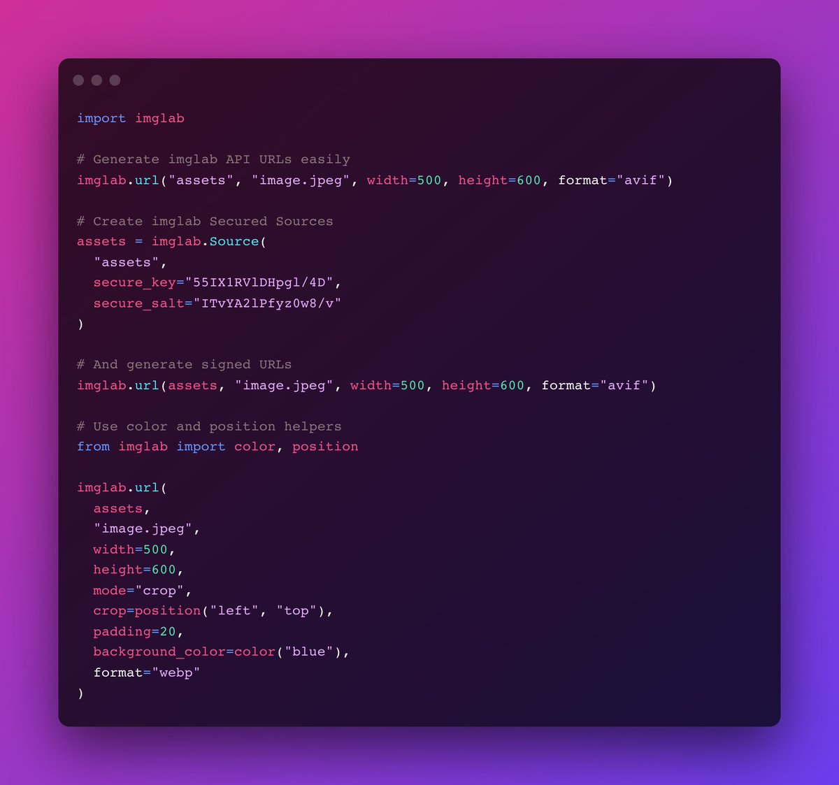 Do you know we just released our Python library?

We have just launched our new imglab Python package, now generating imglab API URLs with Python is easier than ever.

pypi.org/project/imglab

#python #PyPI #imageoptimization #webperf