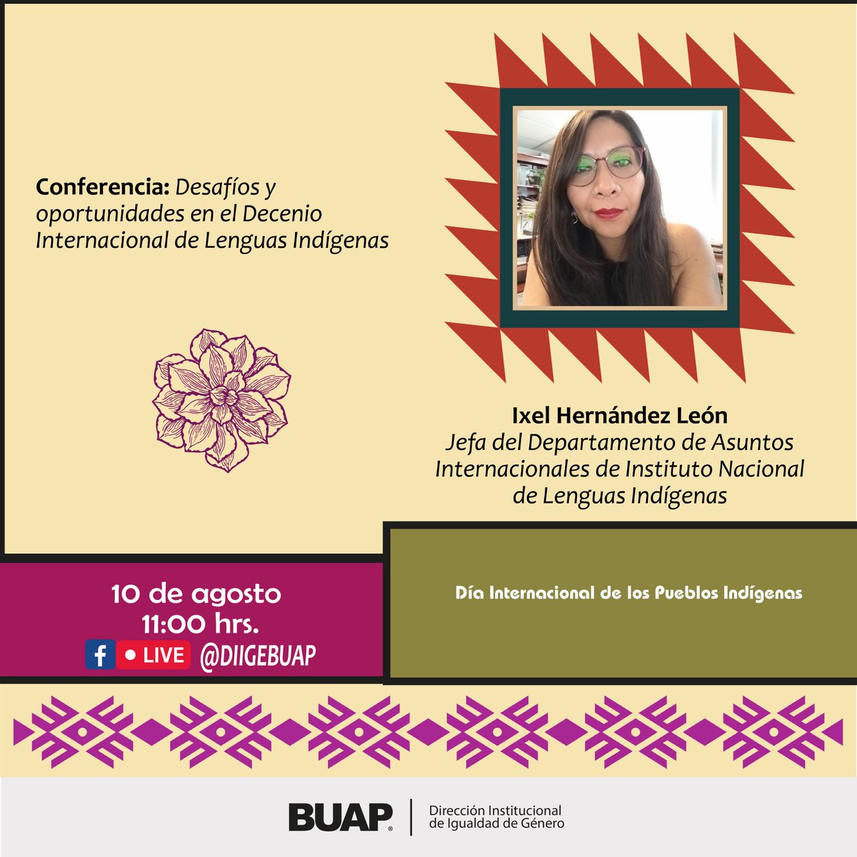 diigeBUAP's tweet photo. Acompáñenos a la transmisión en vivo de esta conferencia en el marco de las conmemoraciones del #DiaInternacionalDeLosPueblosIndigenas. Imparte Ixel Hernández León del @INALIMEXICO. @BUAPoficial @TVBUAP @radioBUAP Síguela aquí: https://t.co/y8Yg0Lpntk https://t.co/kGYu7DCssj