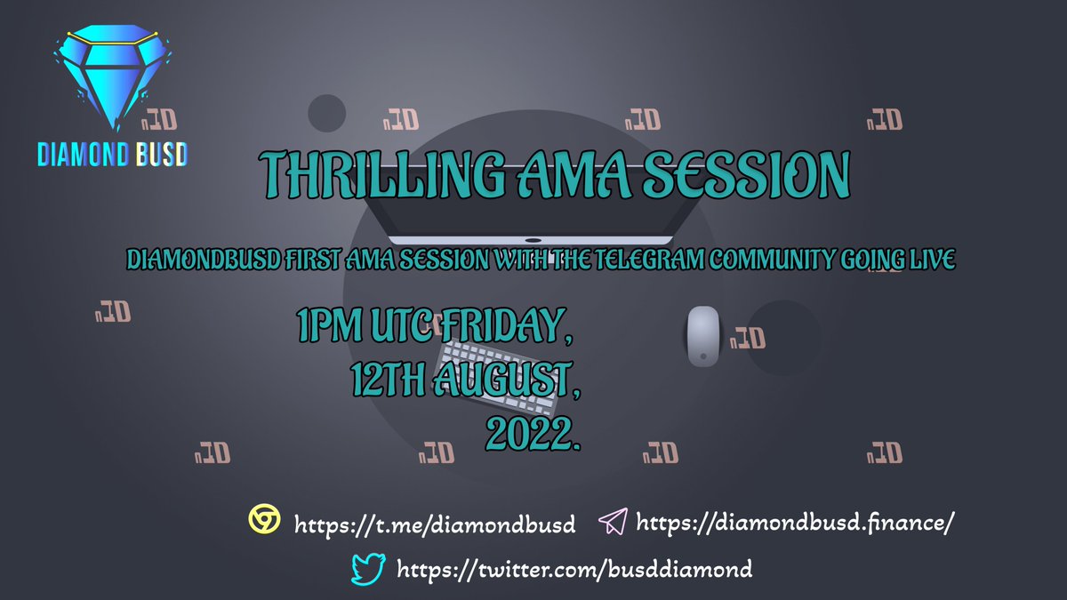 diamondbusd's tweet photo. 💎💎Get Ready to join the first AMA on DiamondBUSD.   12th August, 1:00 PM UTC🧩
Earn 8% in BUSD daily. 
#Busd #crypto #defi #AMA #airdrops https://t.co/xXAzaJij4c
