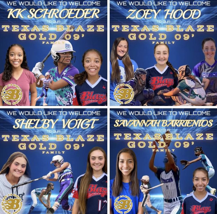 txblazegold09's tweet photo. Let’s GO! Very excited to introduce some newest members of TX Blaze Gold 09-Wiggins @KKSchroeder2027 @ZoeyHood2027 @ShelbyVoigt1 @SavannahBarrie2 Excited to watch this team compete day in and day out! Tough Roster @BlazeFastpitch #bBlaze #BTheDifference #bdeveloped https://t.co/X7GeY1kHF9