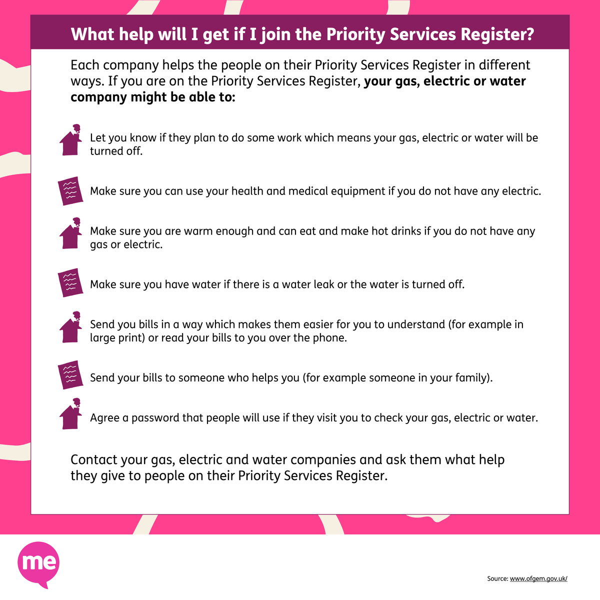 mencap_charity's tweet photo. The Priority Services Register is a list of people who can get extra help with their electricity, gas and water. 

If you have a learning disability you can contact your supplier and ask to join, it's free.

For more information, click here: https://t.co/Og38fJlvSY https://t.co/YyFLfAiWfP