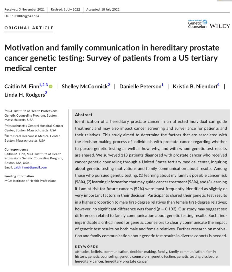 Introducing…my first, first author publication in the #JOGC! Thank you to my committee members and @IHPGCProgram for all your support🥰 #GeneChat #GCchat #prostatecancer onlinelibrary.wiley.com/doi/10.1002/jg…