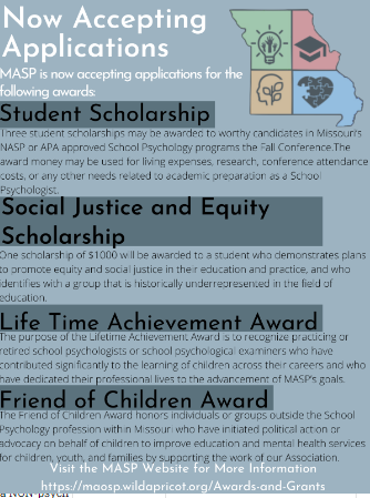 Fall awards and scholarship applications are now open! Applications are due September 22 and recipients will be announced at our fall conference on 10/6. Please send materials to maspawardsandelections@gmail.com. maosp.wildapricot.org/Awards-and-Gra…