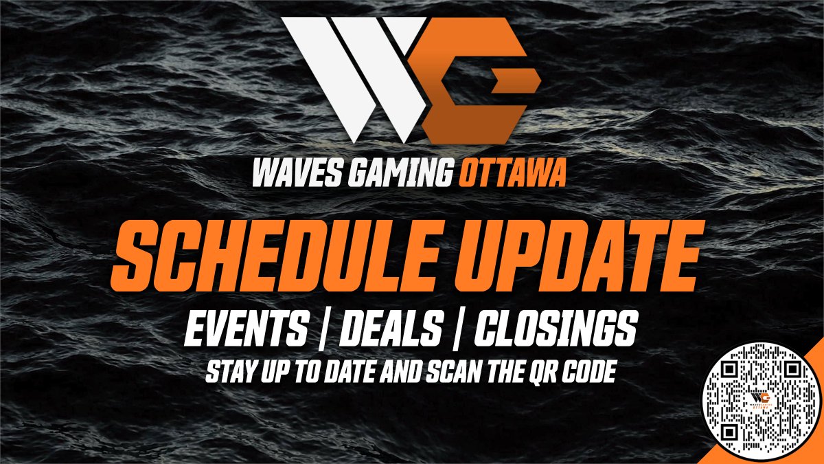 Waves OTTAWA Schedule: Wednesday: OPEN 3pm - 11pm | Hump Day (half price day passes) - 7pm - 11pm Capital Waves melee Thursday: OPEN 3pm - 11pm - 7pm OTL Smash Ult Friday: OPEN 3pm - 11pm - FGC night Saturday: OPEN 3pm - 11pm Sunday: OPEN 3pm - 11pm