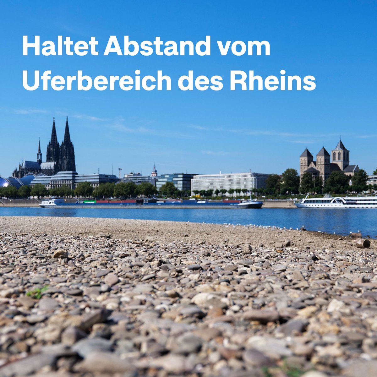 Koeln's tweet photo. Der Pegel des Rheins ist derzeit sehr niedrig. 🏜️  Es ist  möglich, dass deshalb Munition oder Blindgänger aus den beiden Weltkriegen zu Tage treten. Wir bitten euch, den Uferbereich des Rheins zu meiden und verdächtige Gegenstände zu melden. https://t.co/J6Q0KPpUDb