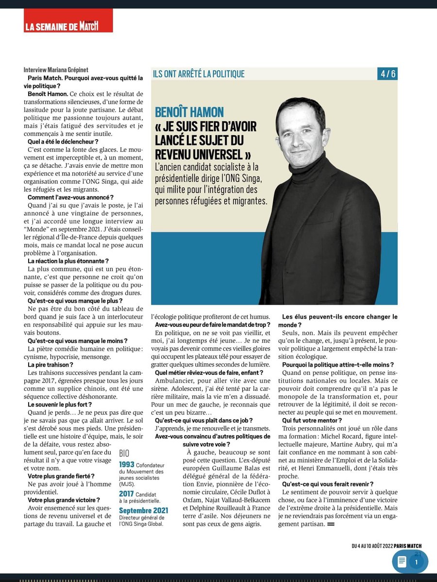 Votre plus grande victoire ? 
- BH : « Avoir ensemencé sur les questions de revenu universel et de partage du travail. La gauche et l’écologie politique profiteront de cet humus »

Merci <a href="/benoithamon/">Benoît Hamon</a> d’avoir ouvert la voie ! #revenuuniversel #gauche #ecologie