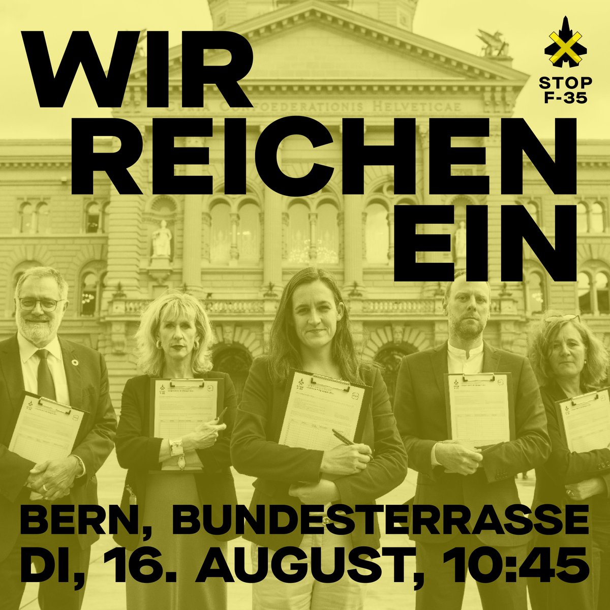 Wir reichen ein! Nach weniger als einem Jahren werden wir die Initiative am 16.8. einreichen. Gemeinsam bodigen wir den F-35! #StopF35