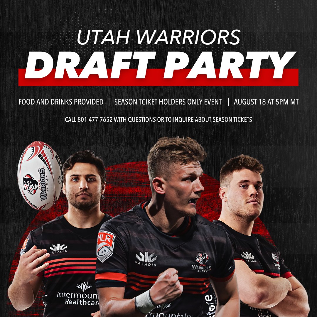 utwarriorsrugby's tweet photo. Season Ticket Holders! Join us for the Utah Warriors' 2022 Draft Party on August 18! Watch the Draft and hear from Brandon Sparks on the team's selections. And did we mention free food and drink??

Contact your Season Ticket Rep or call 801-477-7652 with questions!

#ForTheNation https://t.co/Id8D7cFm88