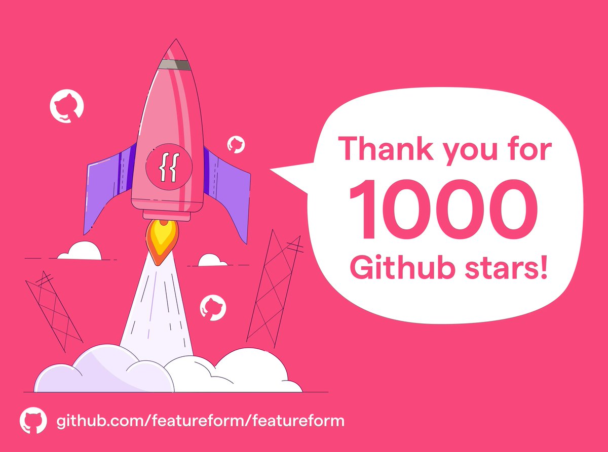 FeatureformML's tweet photo. ⭐ Featureform, our open-source feature store, recently crossed 1,000 #Github Stars! A big thank you to our community and users for their support. We ❤️ you! 

Check out our repo: https://t.co/ub3bNn9atm 

#featurestore #featureform #MLOps https://t.co/y1M2aF7Cth
